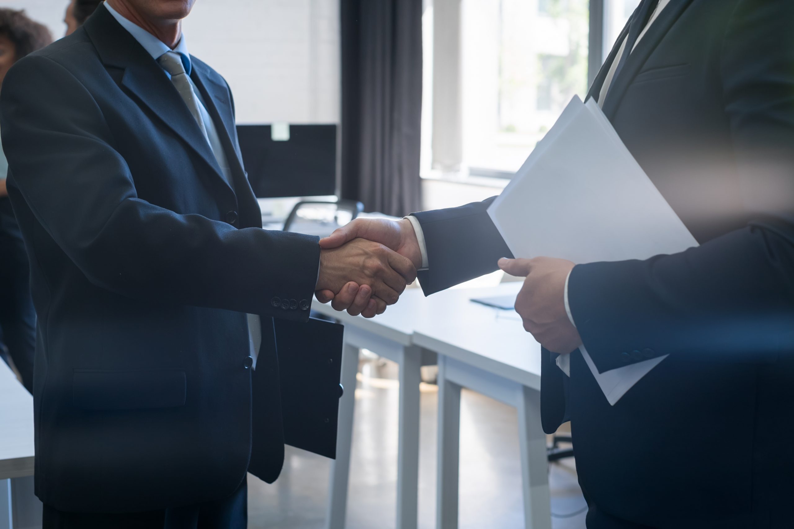 Two Unrecognizable Business Man Shake Hand Agreement Coworking Center Business Team Coworkers