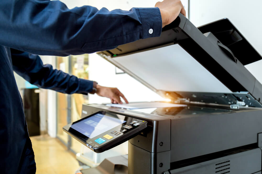 Bussiness,Man,Hand,Press,Button,On,Panel,Of,Printer,,Printer